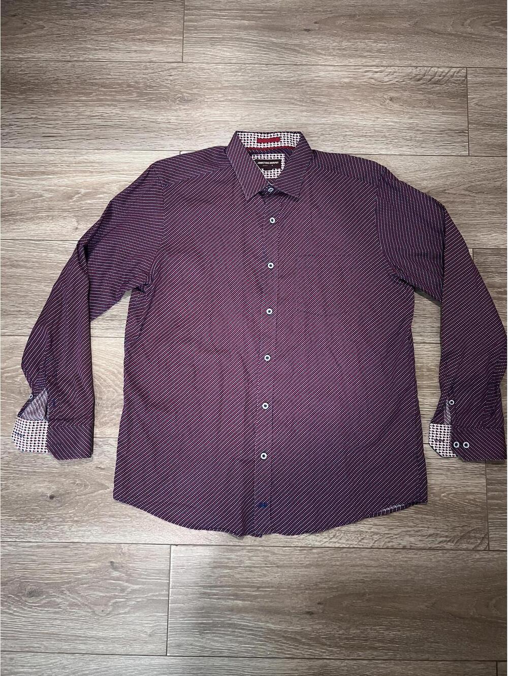 Johnston & Murphy Men's Long Sleeve Button-Up Burgundy w/ Patterned Cuffs, Large